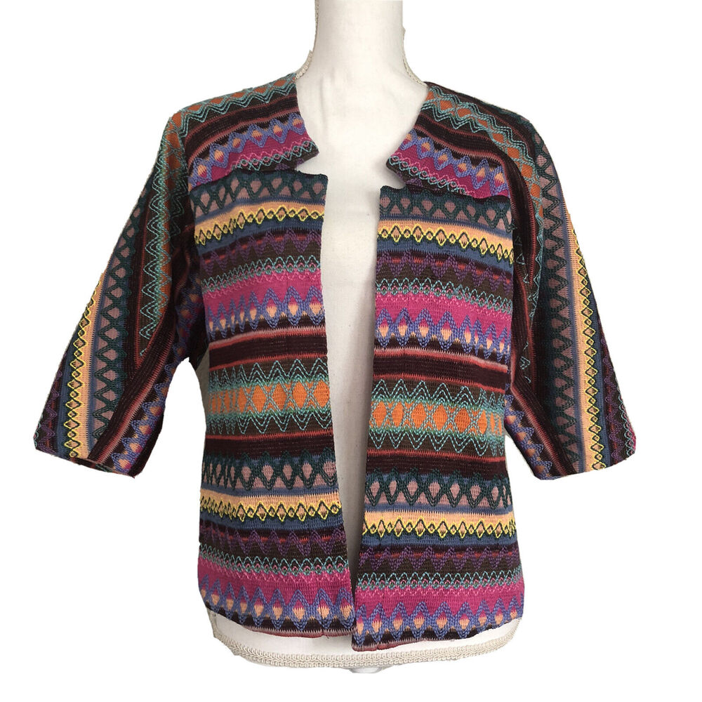 Sole Mio Womens Medium Embroidered Open Jacket Pink Purple Boho Vibrant #3982